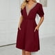 thumbnail image 1 of Vestido Vestido de manga corta para mujer, vestido informal con costuras de encaje, plisado, cuello en V, a la moda, corte en A sencillo con bolsillos, Vestidos femeninos Cgtredaw Vino rojo T XXL para Mujer, 1 of 6