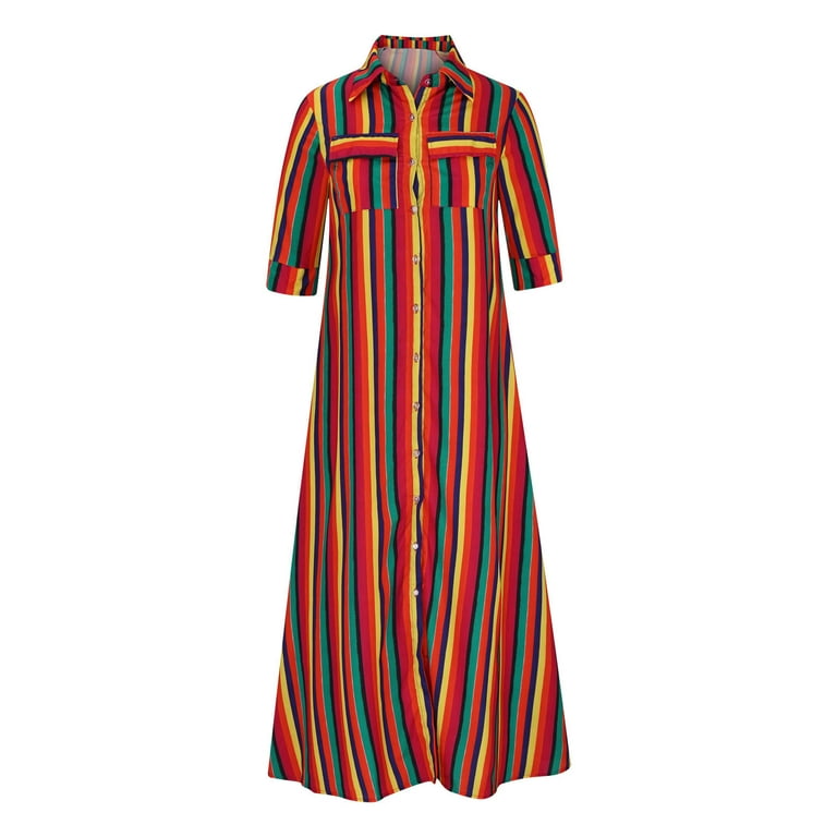 multi coloured striped shirt dress jehdhy Summer Dress for Women Striped V-neck Short Sleeve Long Maxi Dress Beach Vacation Sundress Multi Color Shirt Dress