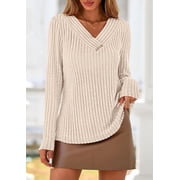 PRETTYGARDEN Women's Long Sleeve Shirts Fall Fashion Clothes Casual Ribbed V Neck Loose Tunic Tops Lightweight Sweaters