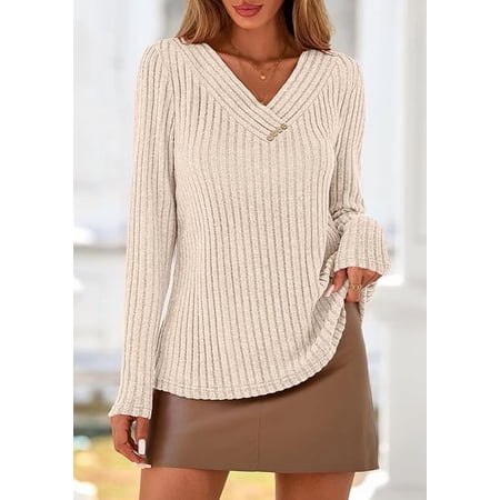 PRETTYGARDEN Women's Long Sleeve Shirts Fall Fashion Clothes Casual Ribbed V Neck Loose Tunic Tops Lightweight Sweaters