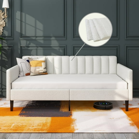 Newboti Furniture Elena Twin Size Ivory Boucle Upholstered Daybed, Ribbed Tufted Backrest, Daybed in Lavish Modern Design, Richly Hued Foam Comfort NO.35241