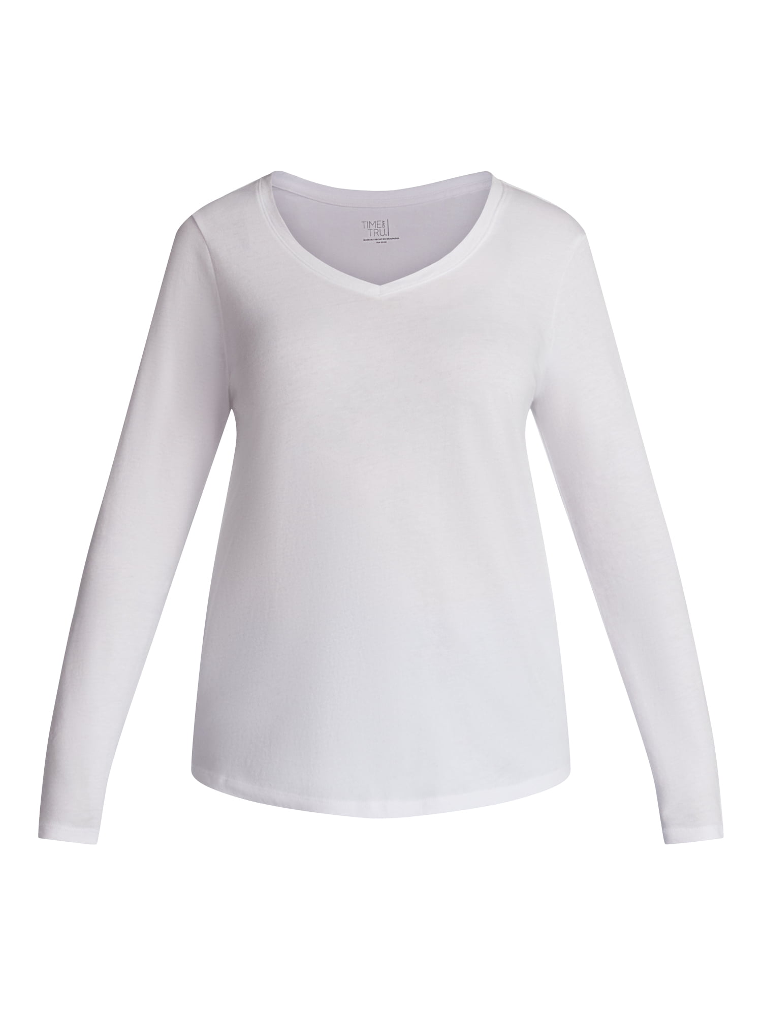 Time and Tru Women's Cotton V-Neck Tee with Long Sleeves, Sizes XS-XXXL