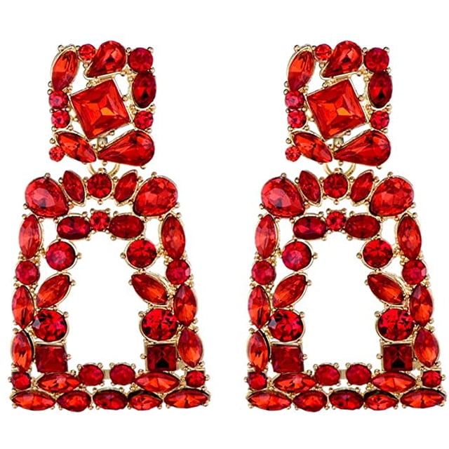 Rhinestone Rectangle Dangle Earrings for Women Sparkly Crystal Geometric Drop Statement Earrings