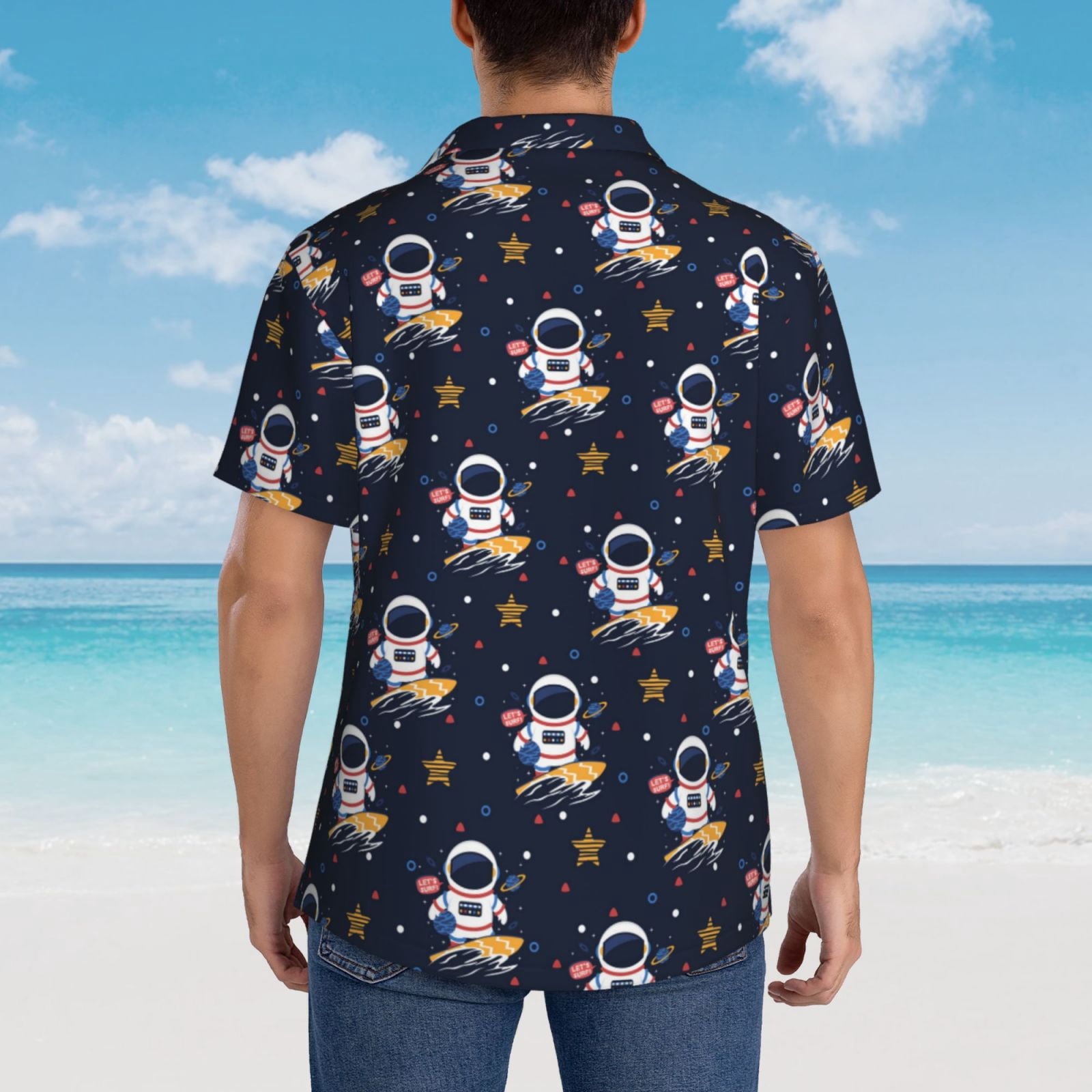 Gukieu Astronaut Surfing Print Men's Short-sleeved Shirts, Button-down Lapel Hawaiian Shirts, T-shirts, Beach Vacation Summer Casual Wear,3X-Large