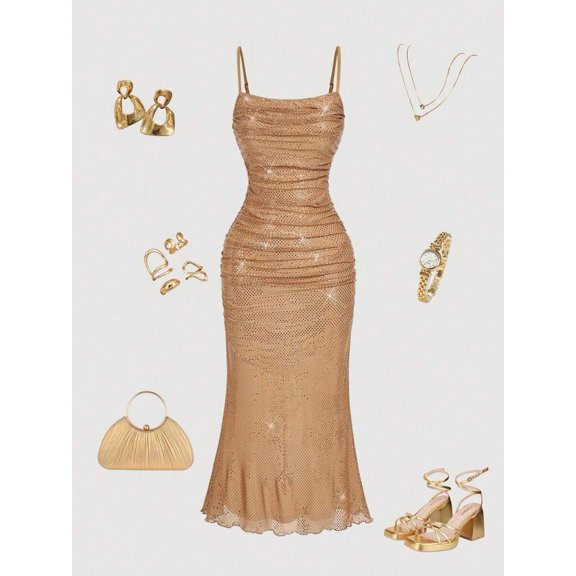 Womens Champagne Sequin Ruched Slip Dress With Scalloped Hem