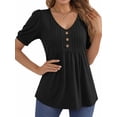 thumbnail image 2 of MOYIKO Blouses for Women T Shirts Pleated Button Puff Short Sleeve Shirts Dressy Casual V Neck Tunic Tops Summer Shirts, 2 of 7