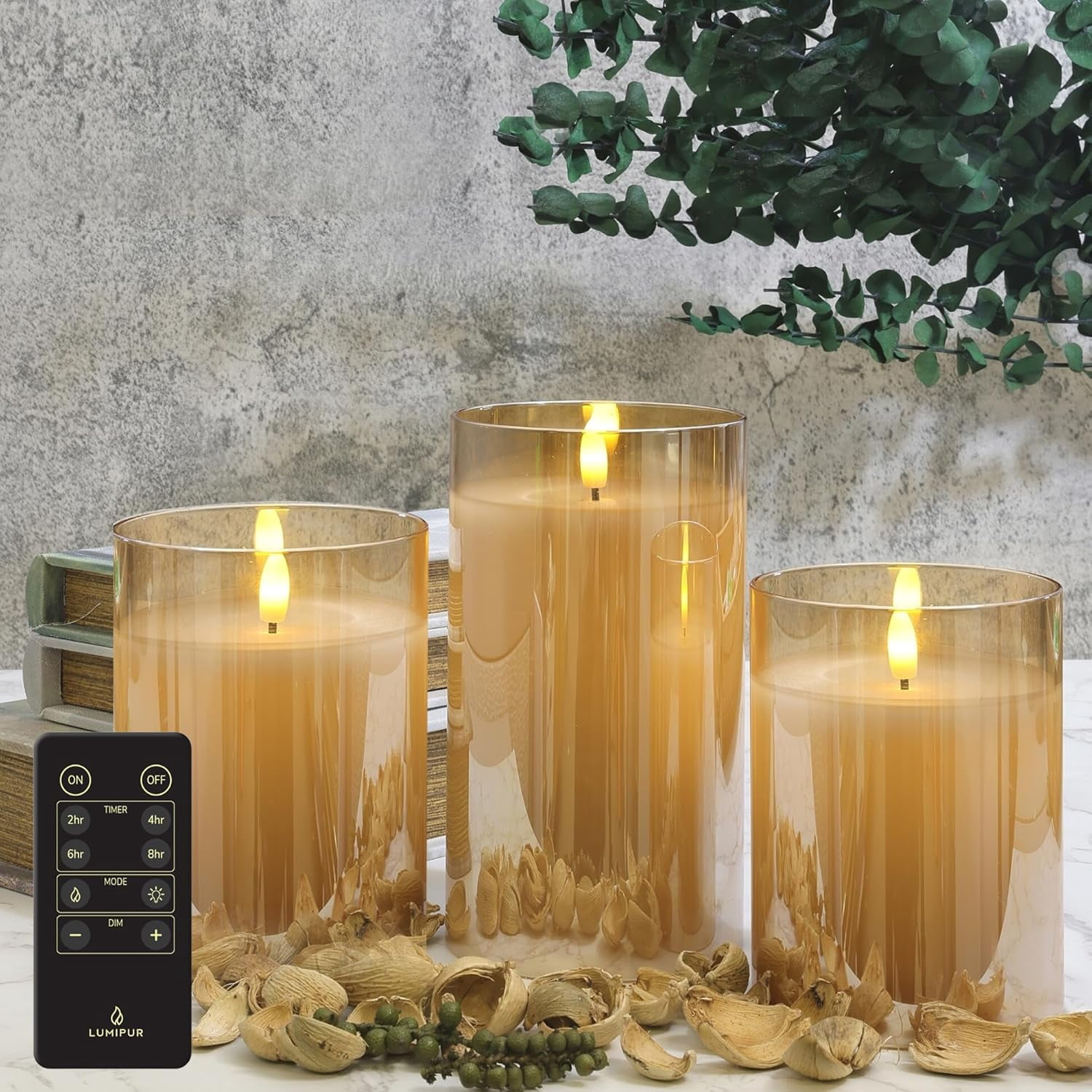 LumiPur Premium Design Series Glass Natural Glow Flameless LED Candle 6 Pack with Remote Control, 2 of Each 3.5" x 4” 5" 6", Gold