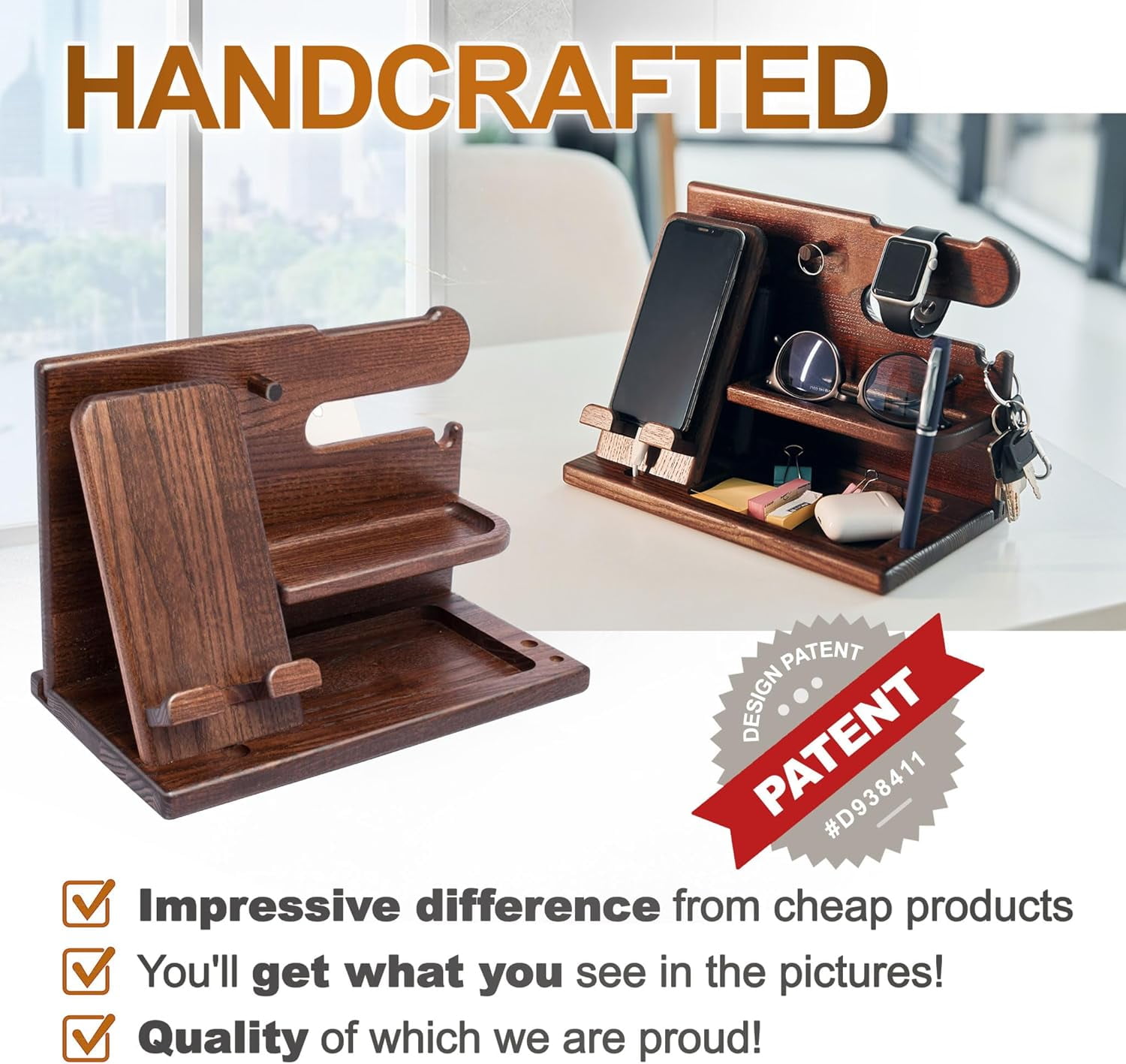 SONGAUN Gifts for Men Wood Phone Docking Station Desk Organizer Fathers gifts Gifts for him Xmas gift Anniversary Birthday presents Nightstand Key Wallet Stand for Men, Boyfriend, Dad