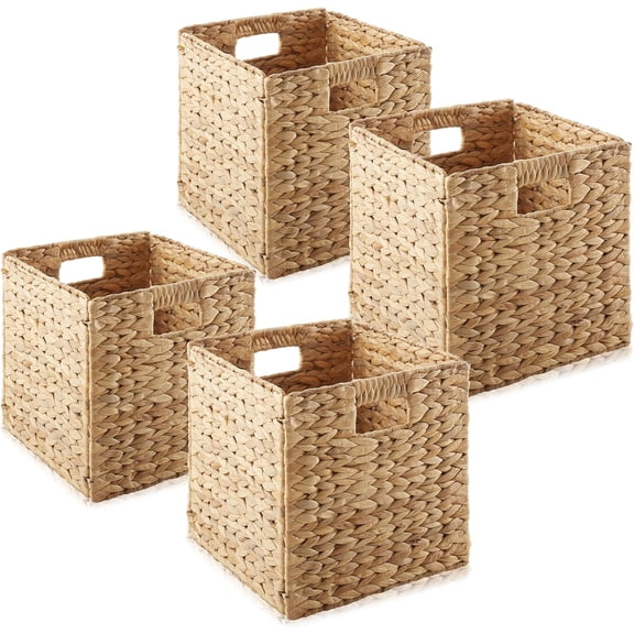 JessieMal 10.5" x 10.5" Water Hyacinth Storage Baskets, Natural - Set of 4 Collapsible Cube Organizers, Woven Bins for Bathroom, Bedroom, Laundry, Pantry, Shelves