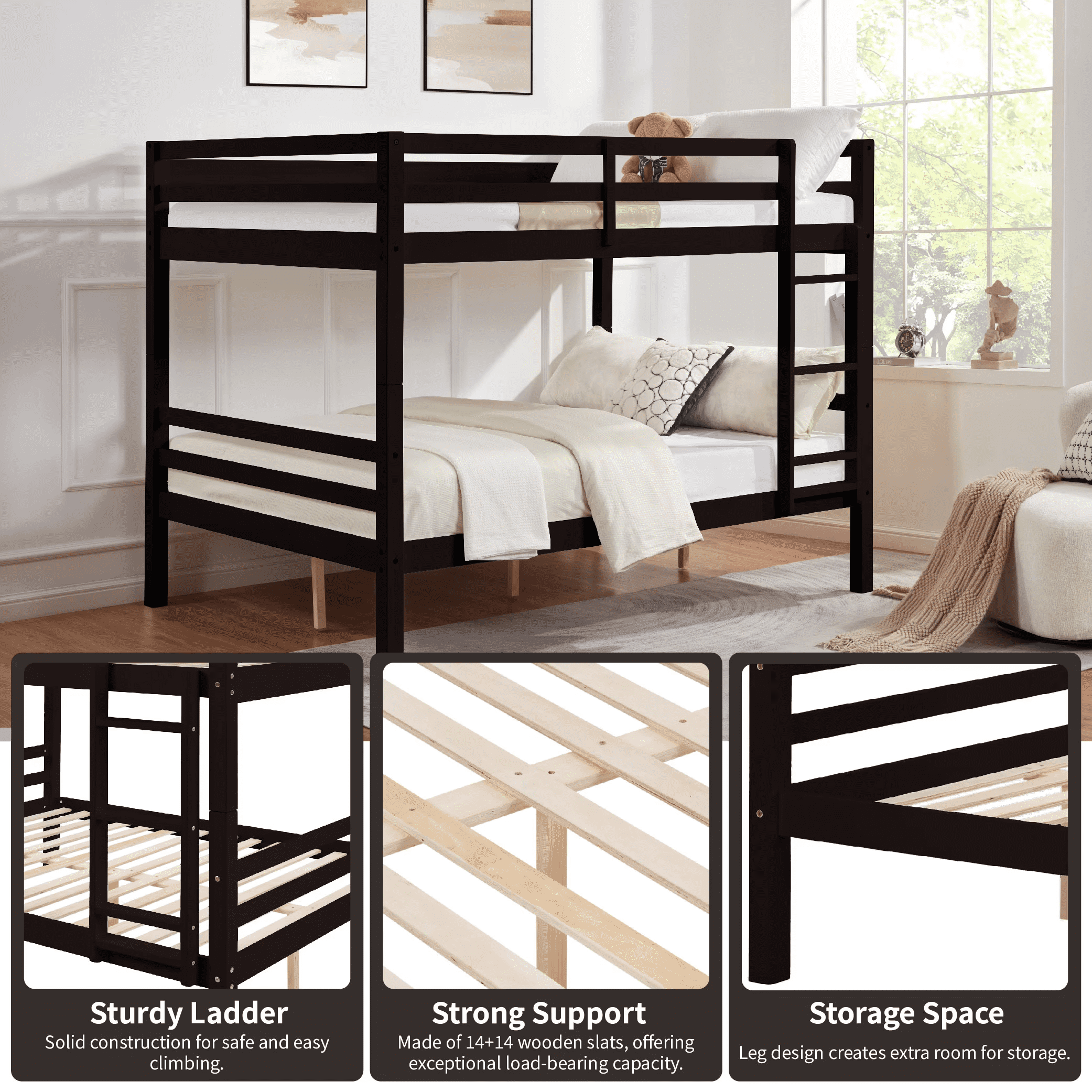 MAYEERTY Full over Full Bunk Bed with Thick Posts, Wooden Bed Frame with High Guardrail and Ladder for Teens, No Box Spring Needed, Espresso