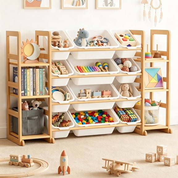 TACWILY Toy Storage Organizer with 6 Shelves and 12 Bins, Toy Organizers Storage Bookshelf, Kids Bin Shelf Toys Box Bookcase for Bedroom Playroom Organization Room Decor, White