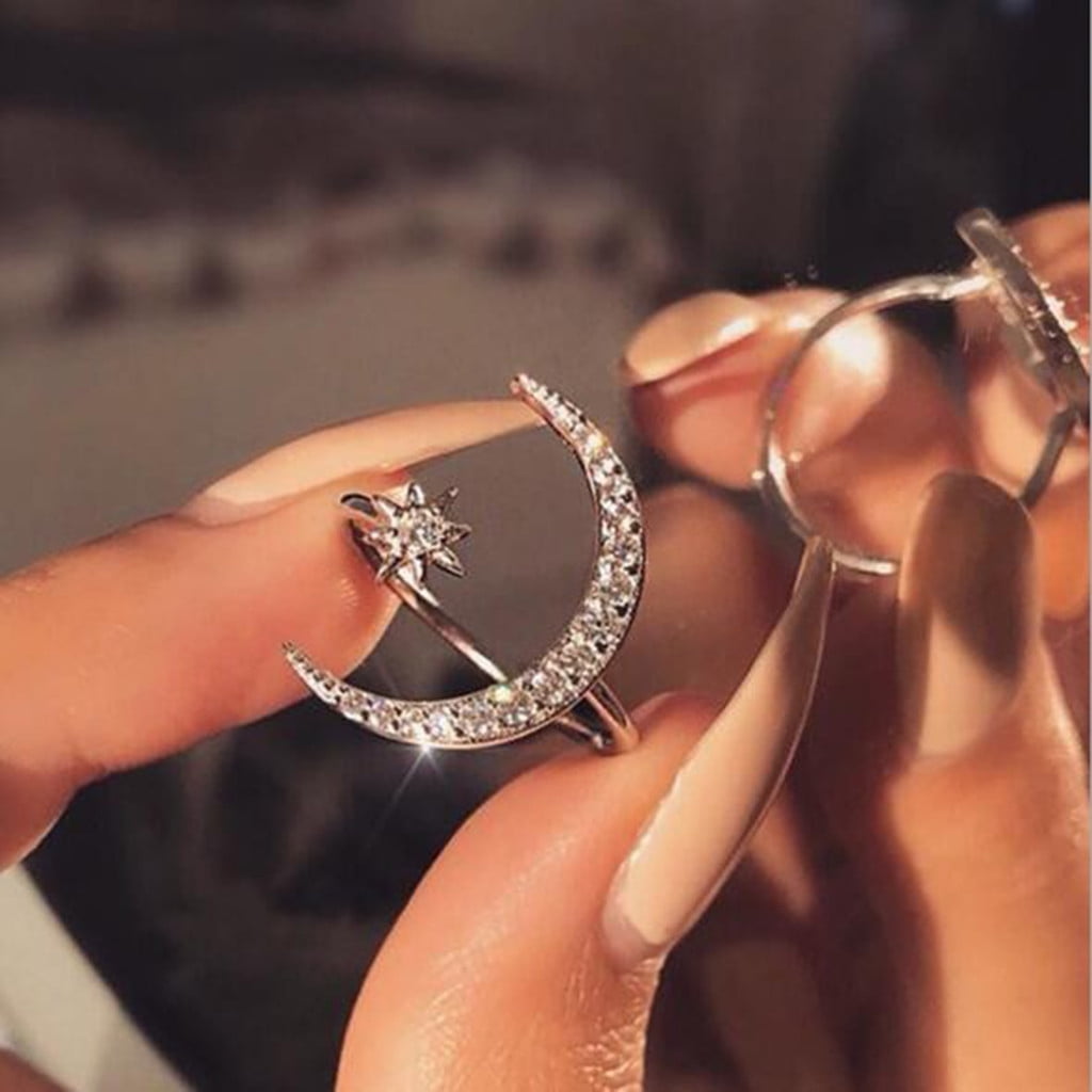 Ladies Ring,Jushye Fashion Simple Multicolor Diamond Moon Hexagonal Star Engagement Adjustable Ring