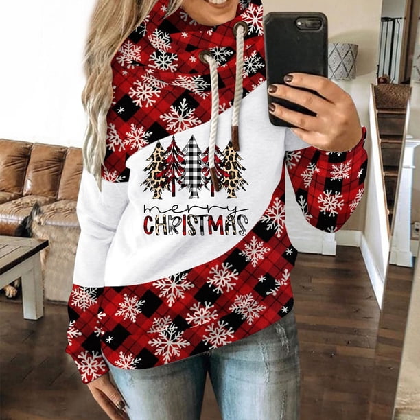 ICHUANYI Clearance Fashion Woman Long Sleeve T-Shirt Christmas Printing Hooded Blouse Tops(Black, XXL) ICHUANYI WER2023081502188