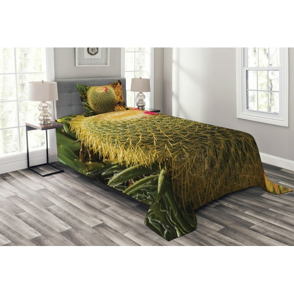 Ambesonne Flower Quilted Bedspread Set 2 Pcs, Cactus Plant with Spikes, Twin Size, Green and Pink