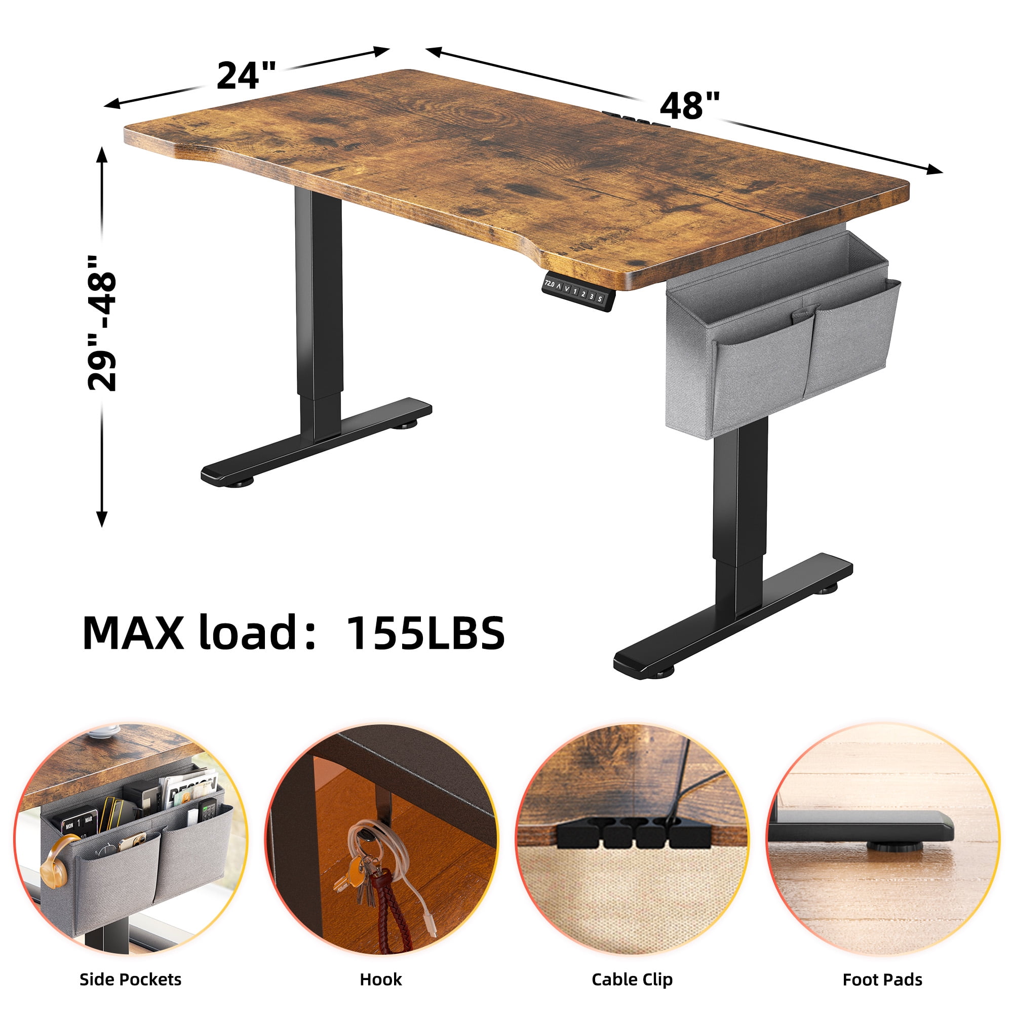 EnHomee Standing Desk Electric Adjustable Height Desks with LED, 48 x 24 Inch Computer Desk with 3 Memory Preset,Sit Stand Up Desks with Side Pocket and Cable Management,Rustic Brown