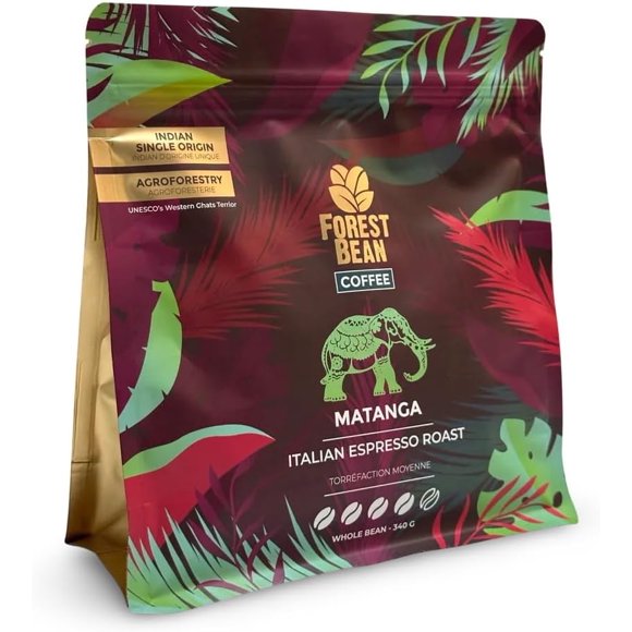 Forest Bean Matanga Coffee, 100% Arabica, Single-Origin Indian, Italian Espresso Roast, 340g Whole Bean Bag