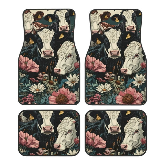 Kdxio Vintage Sunflower Cow Print Car Floor Mats Universal SUV Front Rear Floor Foot Mats 4-Piece Full Set with Non-Slip Rubber Backing Car Accessories for Most Cars