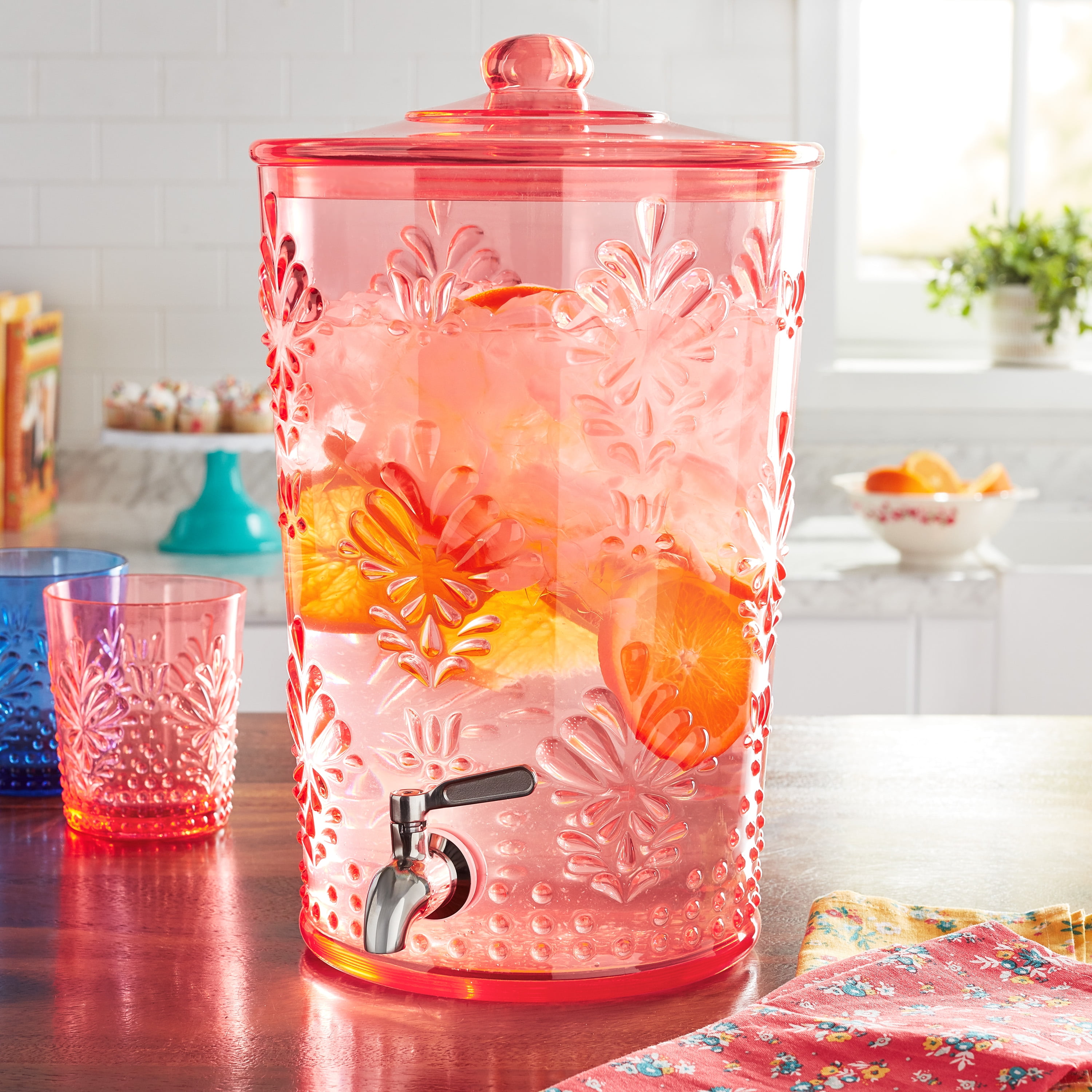 Clear Plastic Sun Tea Jar Beverage Dispenser 1.2 Gallon Pink Fruit