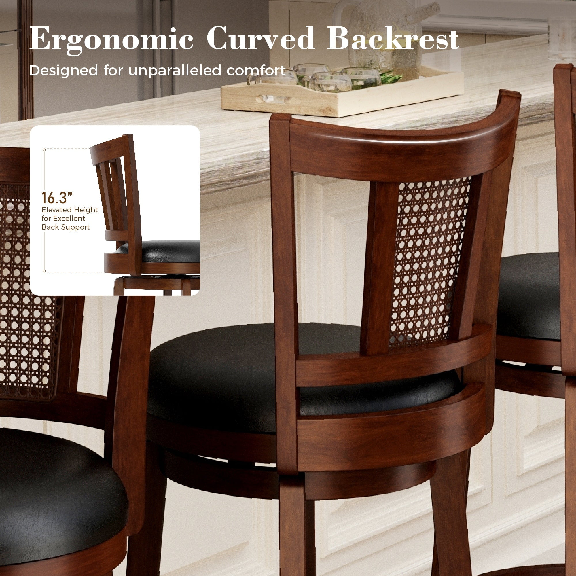 SUMMIT LIVING Wood Swivel Bar Stool Set of 2, Bar Height Kitchen Stool with Back, 30 inch Upholstered Pub Chair, Dark Brown