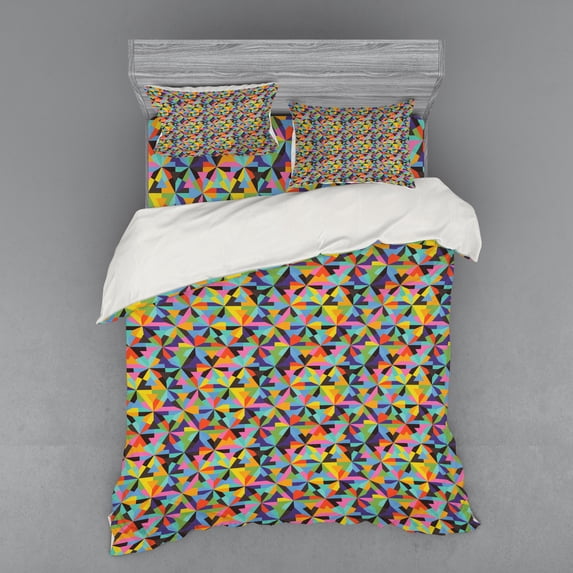 Geometric Duvet Cover Set, Tangled Design of Colorful Triangular Shapes Grunge Effect Contemporary Artwork, Bedding Set with Shams and Fitted Sheet, 3 Sizes, by Ambesonne