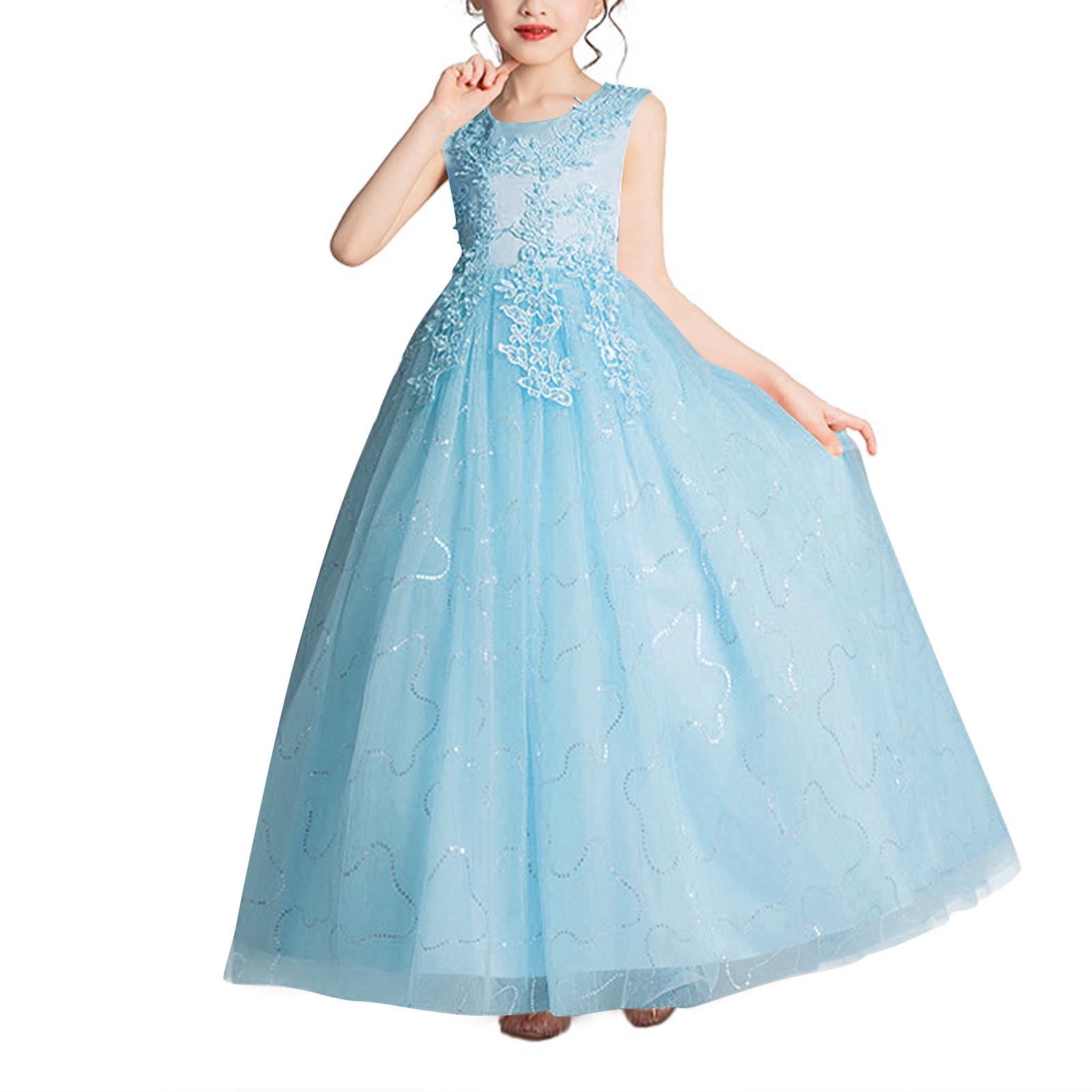ATOGUTA Size 4T-14 Dress for Little Girls Kids Tulle Wedding Guest Party Birthday Bridesmaid Communion Pageant Prom Ball Gown Light Blue