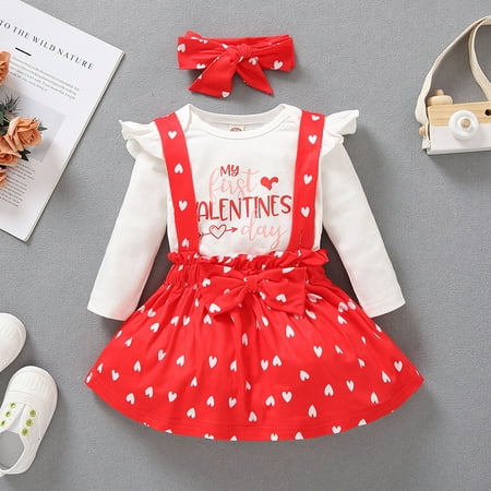 

QIPOPIQ Infant Girl s Clothing Set Clearance Infant Baby Girls Valentine s Day Romper Bodysuit+Hearts Suspender Skirt Outfits