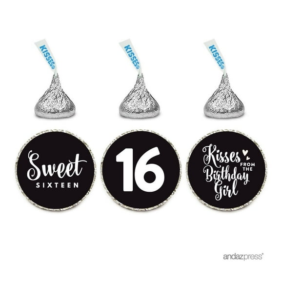 Chocolate Drop Labels Trio, Fits Hershey's Kisses, Sweet 16 Birthday, Black, 216-Pack