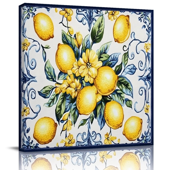 Wall Art Prints, Yellow Lemon Framed Canvas Prints for Bedroom Living Room Bathroom Office, Middle Century Blue Italian Textured Gallery Wrap Wall Art Poster for Gifts Home Decor 12"x12"
