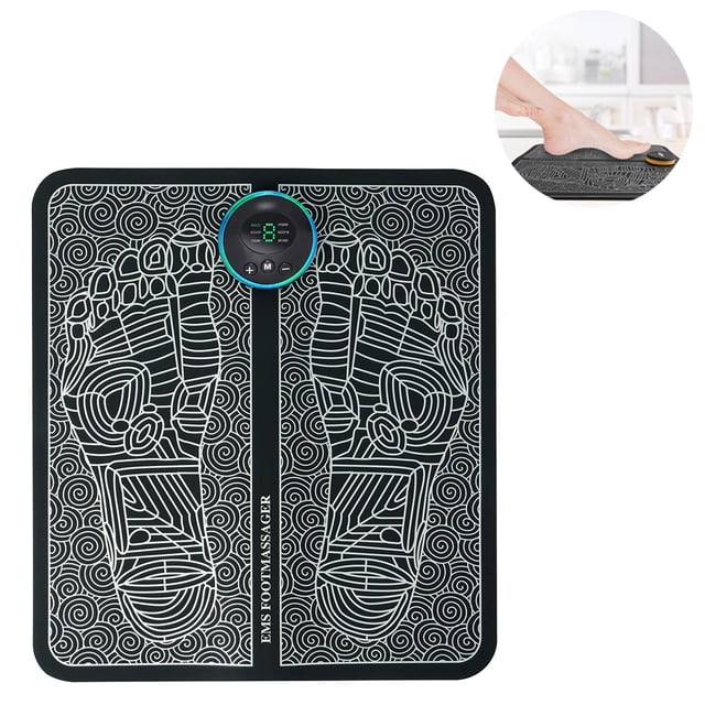 Electric Foot Massager with EMS Feet Cushion, a black PU and sponge folding mat designed for leg reshaping and relaxation. Features 6 EMS pulse modes, 9 strength levels, and a central control panel for personalized massage settings. Portable, USB rechargeable, and suitable for promoting blood circulation and relieving soreness.
