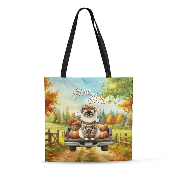Hello Fall Autumn Ragdoll Pumpkins Pickup Truck All Over Print 3D Canvas Tote Bag Cat Lover Kitten Owner Gifts Idea Reusable Handbag - 13011