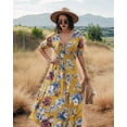thumbnail image 6 of Women'S Summer Loose Boho Flowy Wrap V Neck Short Sleeve Floral Print Slit Beach Long Maxi Dresses Yellow XL, 6 of 9