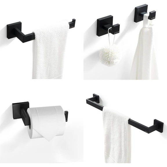 BUVELOT 5-Pieces Matte Black Bathroom Hardware Accessories Set, Bath Towel Bar Set, Towel Racks for Bathroom,Towel Holder Robe Hook Toilet Paper Holder Wall Mounted, 071350-MB