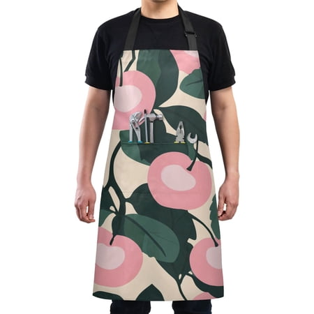 Pink Cherries Pattern Chef Kitchen Apron with Pockets for Women Waterproof Aprons for Cooking Baking
