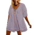 thumbnail image 2 of Plus Size Overalls Women's Striped Print Romper Shorts – Puff Sleeve V Neck Oversized Loose Fitting Overalls for Summer Beach Cover up M, 2 of 5