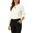 thumbnail image 5 of MODA NOVA Junior's Round Neck Keyhole Pleated Shirred 3/4 Sleeve Blouse White M, 5 of 7