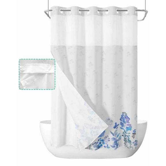 No Hook Shower Curtain with Snap in Liner, Blue Plants Leaves Watercolor Hotel Shower Curtains for Bathroom, Washable Shower Curtain Liner Set with Mesh Top Window, 36"x72"
