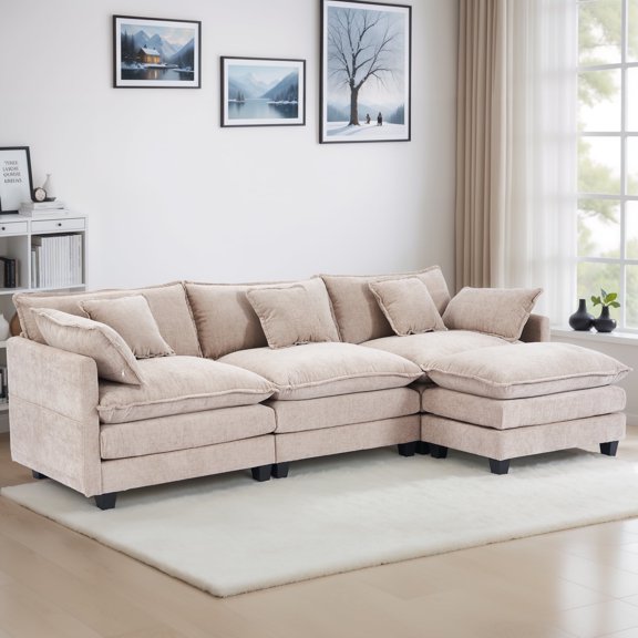 Gexpusm Convertible Sectional Sofa with Chaise, 112" L Shaped Couch with Ottoman,3-Seat Sofa Sectional Couch Sets for Living Room, Apartment,Khaki