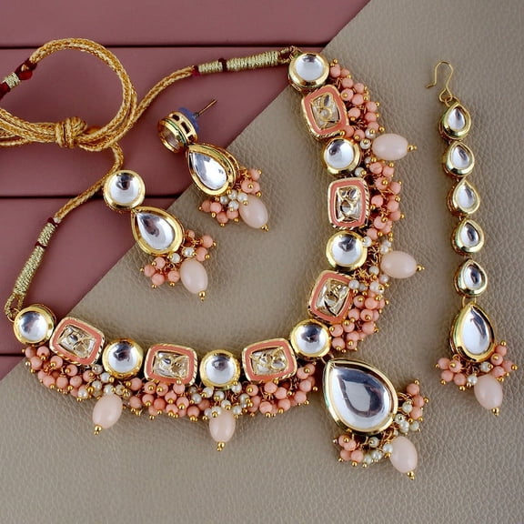 Lucky Jewellery Meenakari Stone Bollywood Style Handcrafted Indian Jewelry 18k Gold Plated Peach Color Tika Earring Combo Uncut Big Faux Kundan Choker Necklace Set