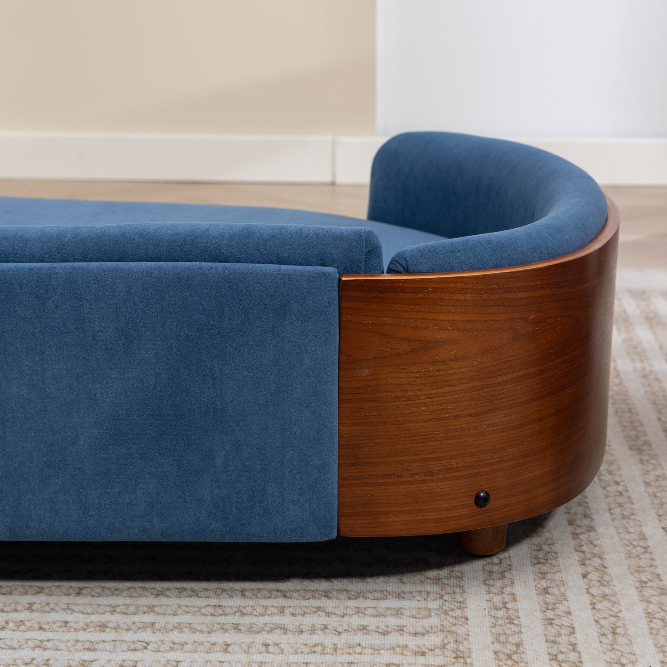 Noble House Scandinavian Elevated Large Dog Bed, Pet Sofa with Solid Wood Frame, Dark Blue and Walnut