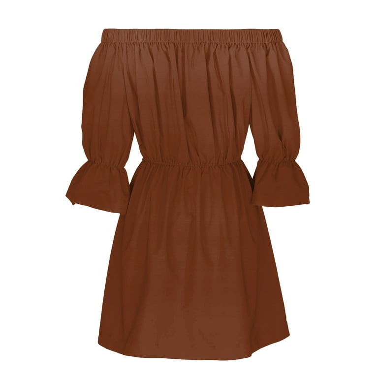 brown tunic dresses Women's Casual Dress Women Summer Dresses Print Beach Off Shoulder Tunic  Loose Fit Dress for Relaxed Everyday Styling Brown XL