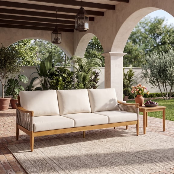 Christopher Knight Home Acacia Wood Outdoor 3-Seater Sofa with Woven Rope Arms, Beige Cushions, Teak