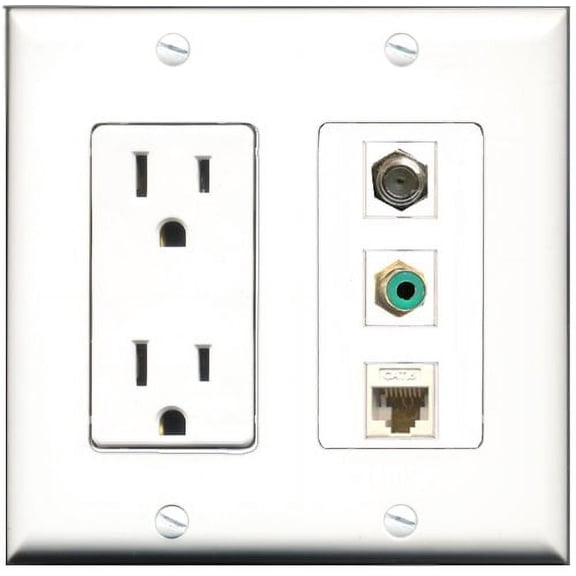 RiteAV - 15 Amp Power Outlet 1 Port RCA Green 1 Port Coax 1 Port Cat6 Ethernet Ethernet White Decorative Wall Plate