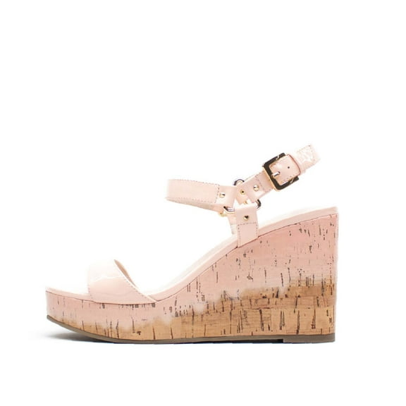 Cecelia New York Libby Pink Patent Cork Open Toe Buckle Wedge Heeled Sandals (Pale Pink Patent Cork, 7.5)