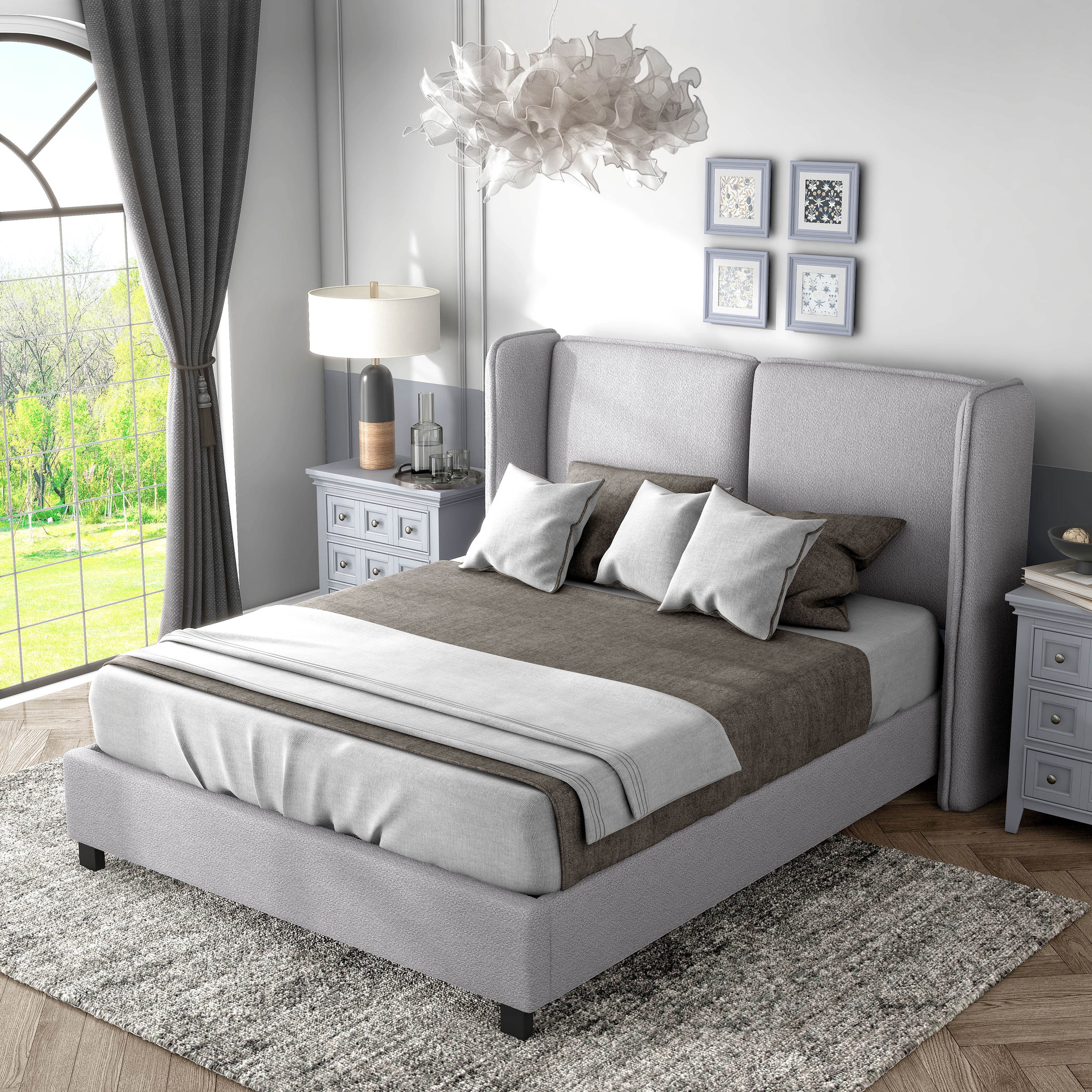 Furniture of America Mack Contemporary Boucle Fabric Platform Queen Size Bed Frame with Wingback Headboard, Light Gray