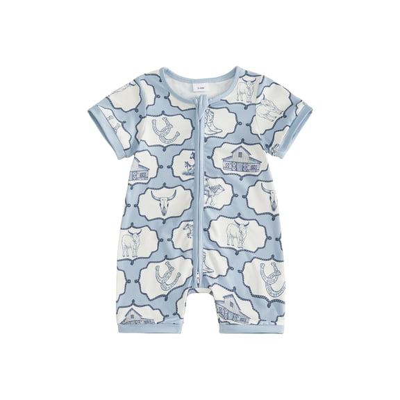 BemeyourBBs Western Baby Spring Summer Fall Clothes Newborn Baby Boy Girl Cowboy Cowgirl Outfit Romper Horse Print Short Sleeve Zip-up Full Length Jumpsuit