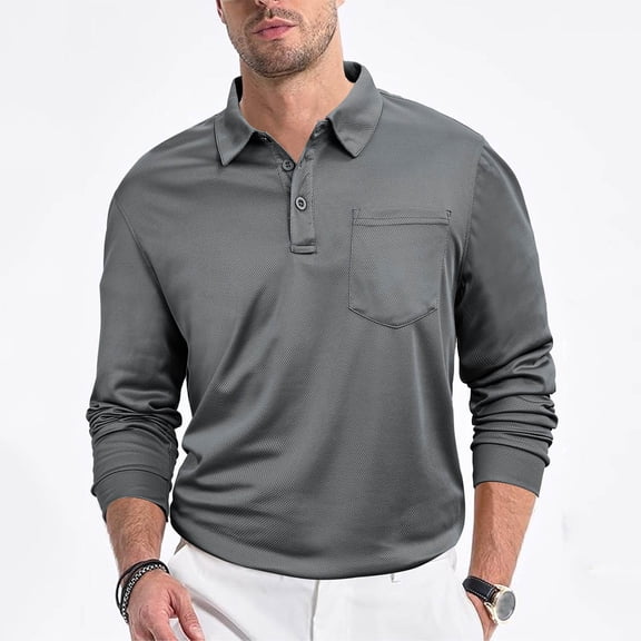 APEXFWDT Men's Utility Pocket Golf Shirt Long Sleeve Performance Button Collared Shirt Tennis & Golf Wear,XXL,Gray