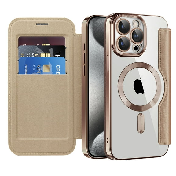 Flip Phone Case for iPhone 17, PU Leather Wallet Case with RFID Blocking Card Slot, Supports Wireless Charging, Clear Back Cover Build-in Len Protector for Apple iPhone 17, Desert Gold