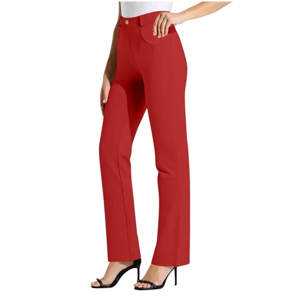 aohooy Tall Womens Yoga Pants Wide Leg High Waisted Stretch Pant Work Office Business Casual Button Trousers with Pocket Red,M