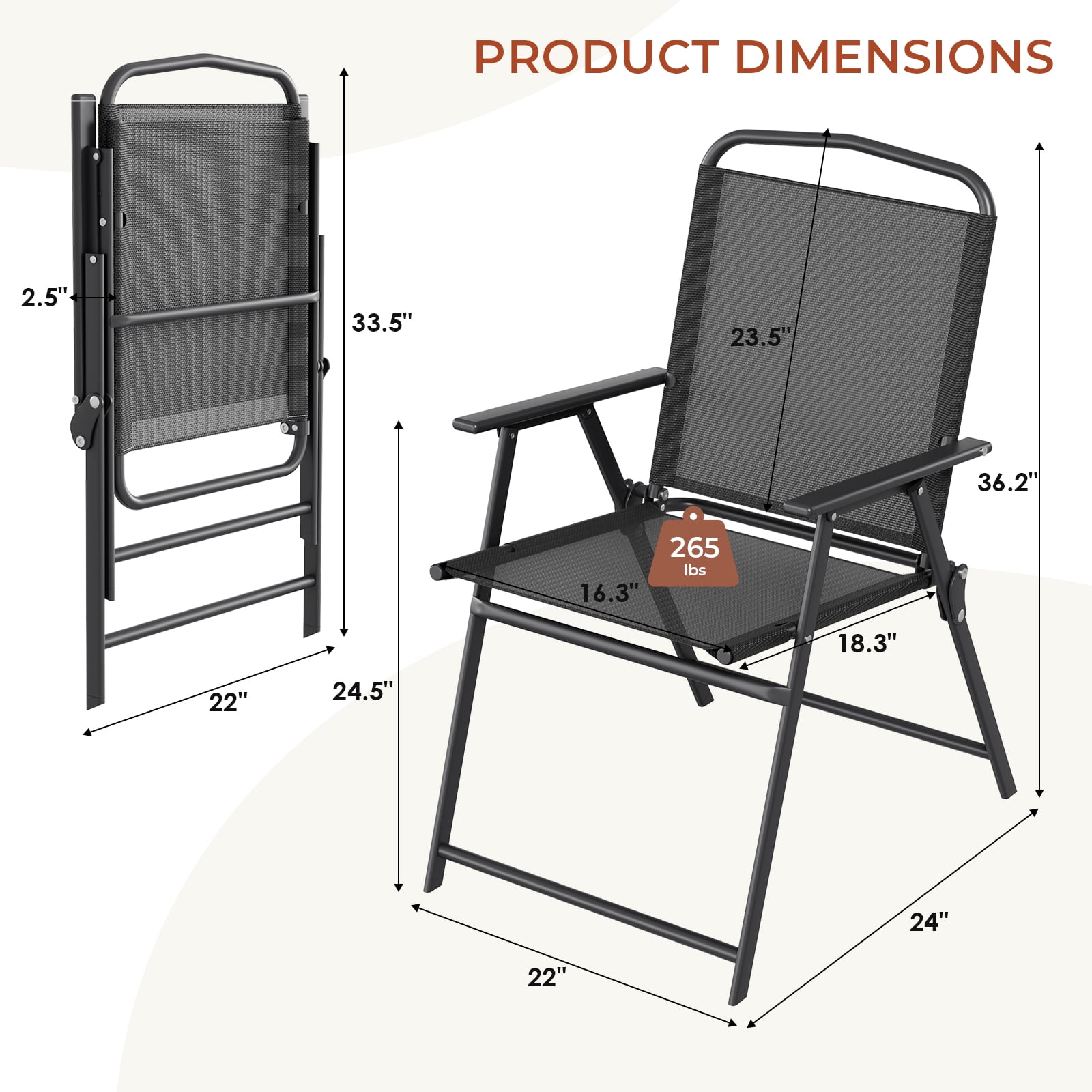 TLSUNNY 4 Pcs Patio Folding Chairs, Heavy-Duty Metal Frame W/ Armrests Portable Outdoor Foldable Chairs, Black