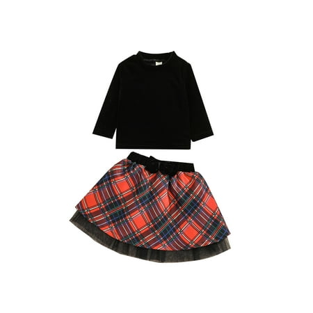 

MERSARIPHY Kids Solid Color Round Neck Long Sleeve Pullover+ Plaid Short Skirt